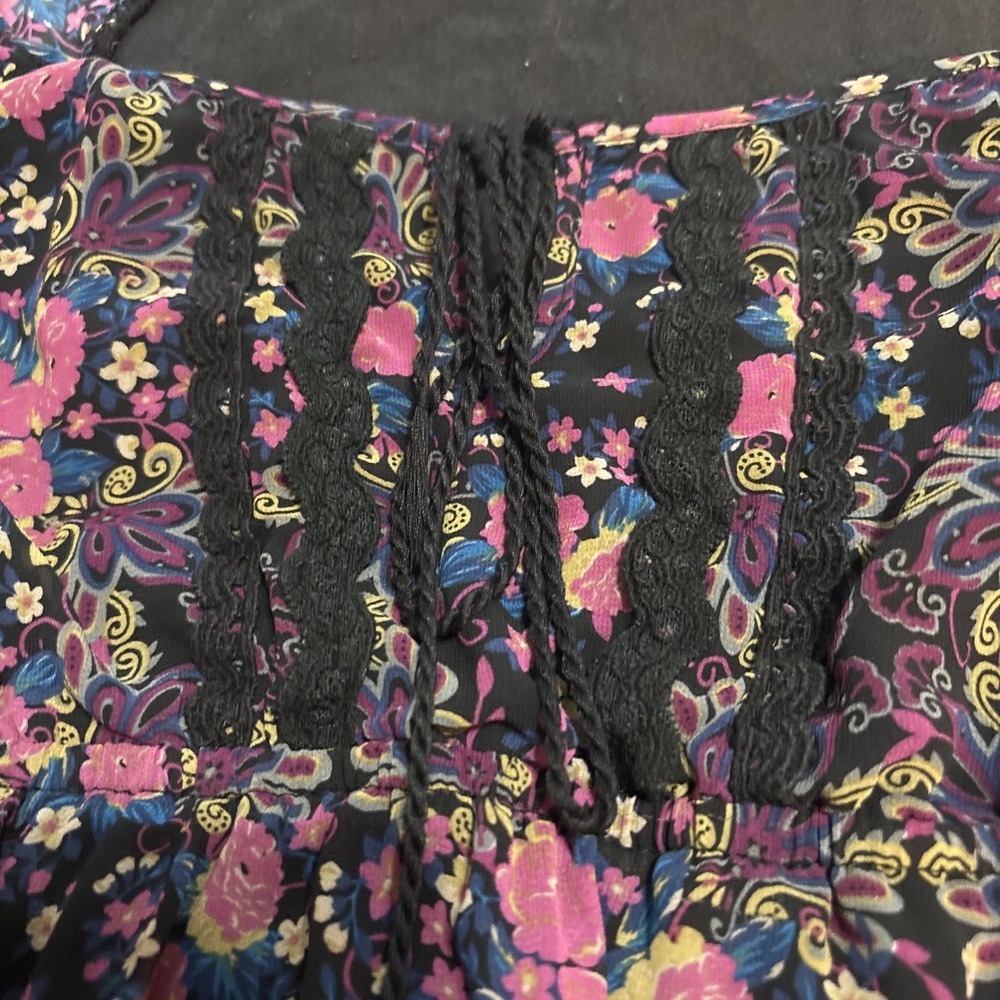 Black Floral Long Sleeve Dress Smocked Babydoll Peasant Whimsygoth women’s Sz S - Picture 6 of 7
